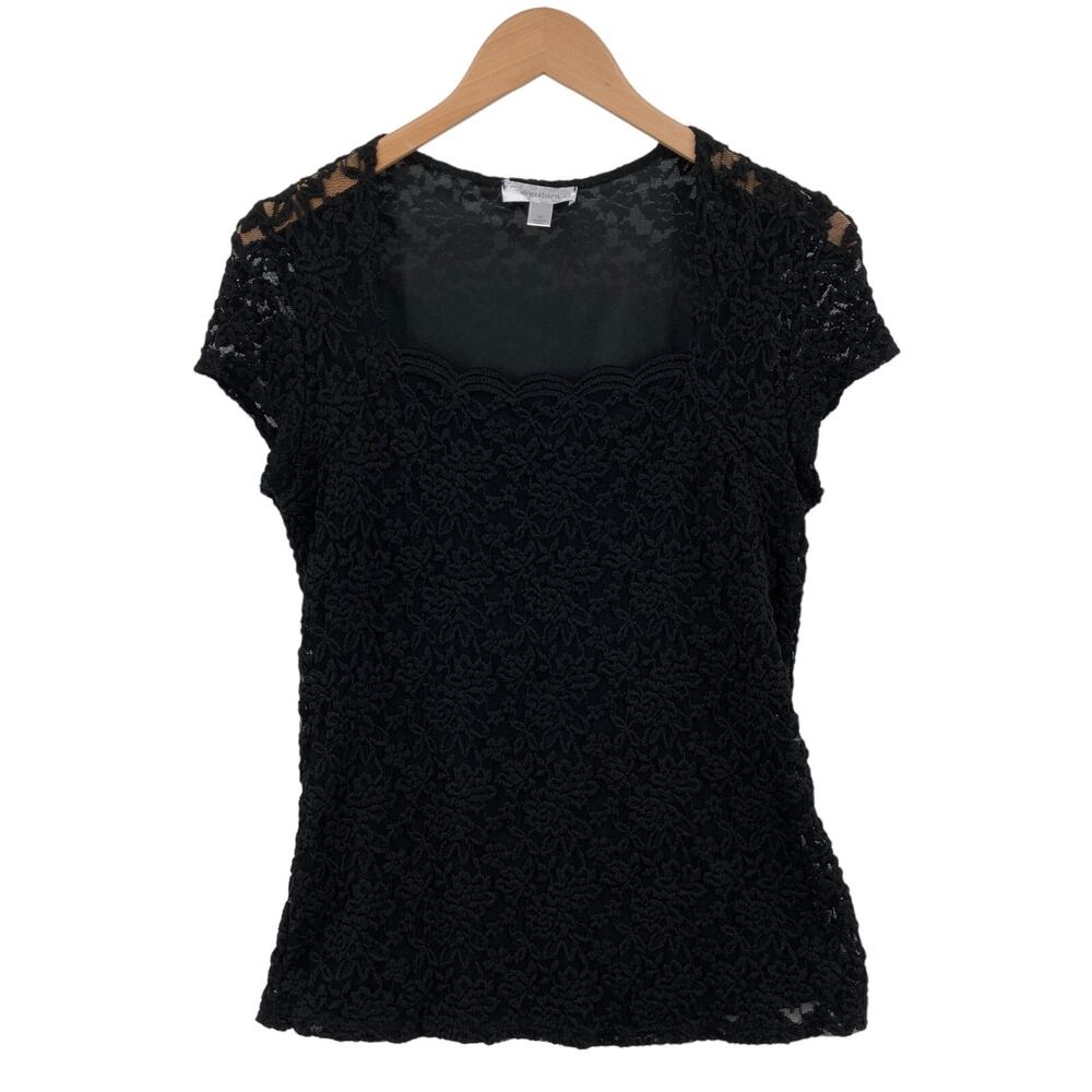 Dressbarn Blouse Top Womens Medium Black Lace Floral Square Neck Cap Sleeve